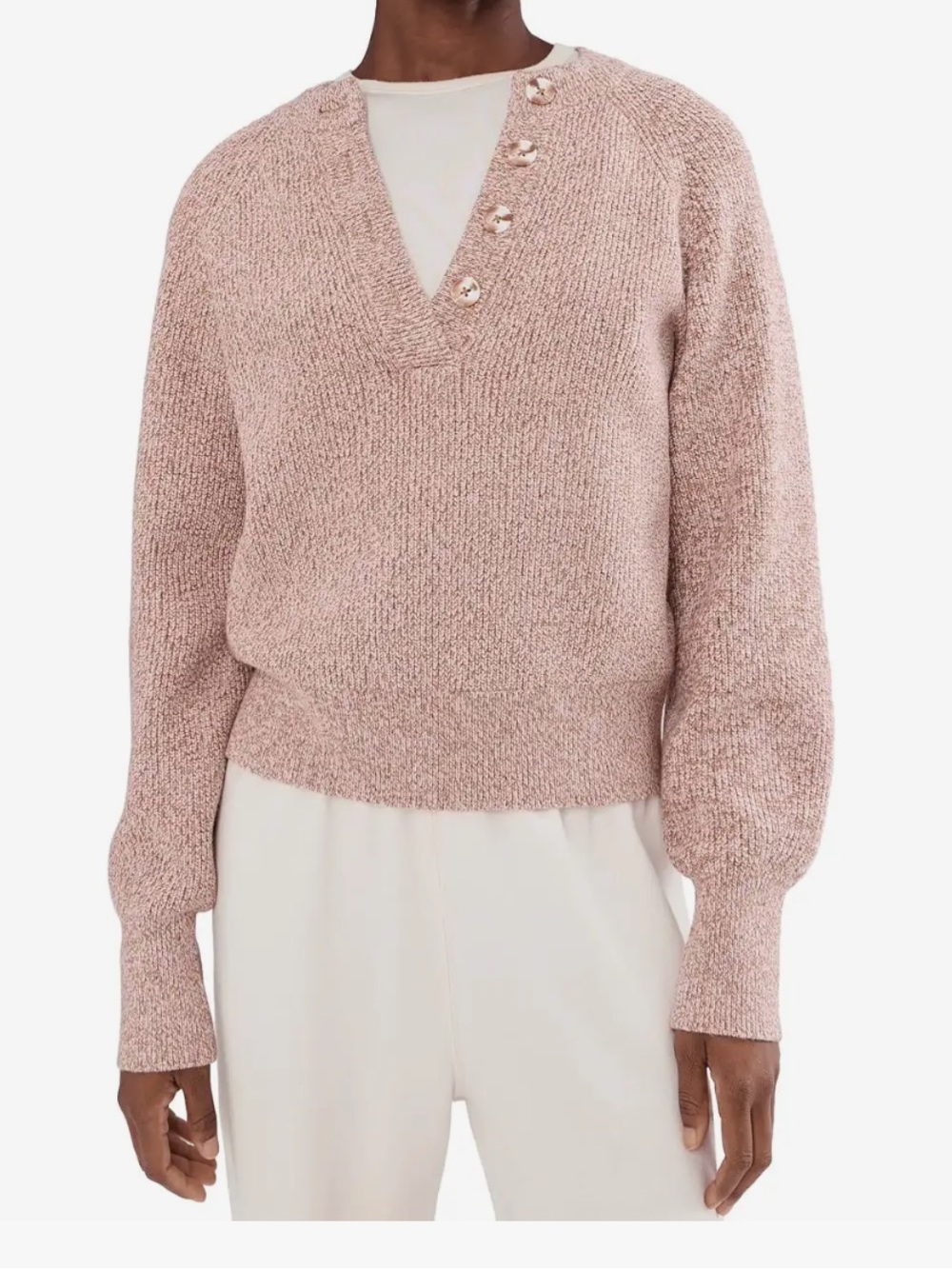 Varley Blush Pink V-Neck Sweater with Button Trim